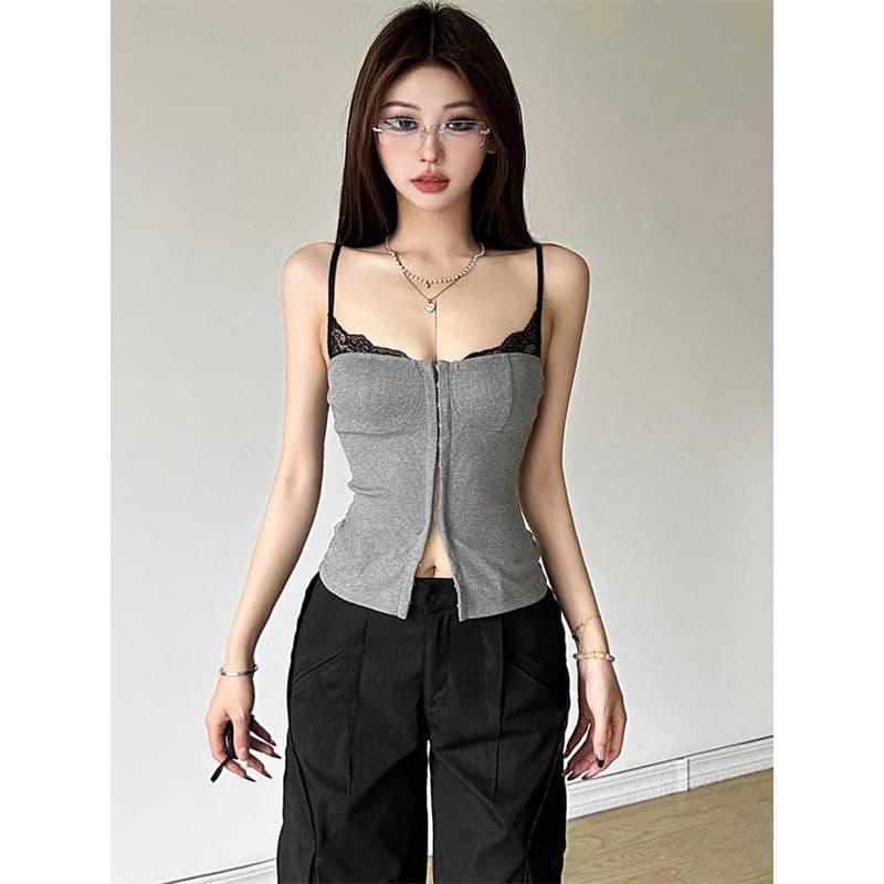 American Design Gray Patchwork Camisole Top for Women, New Fall/Winter Slim Fit Inner Layer, Unique Style