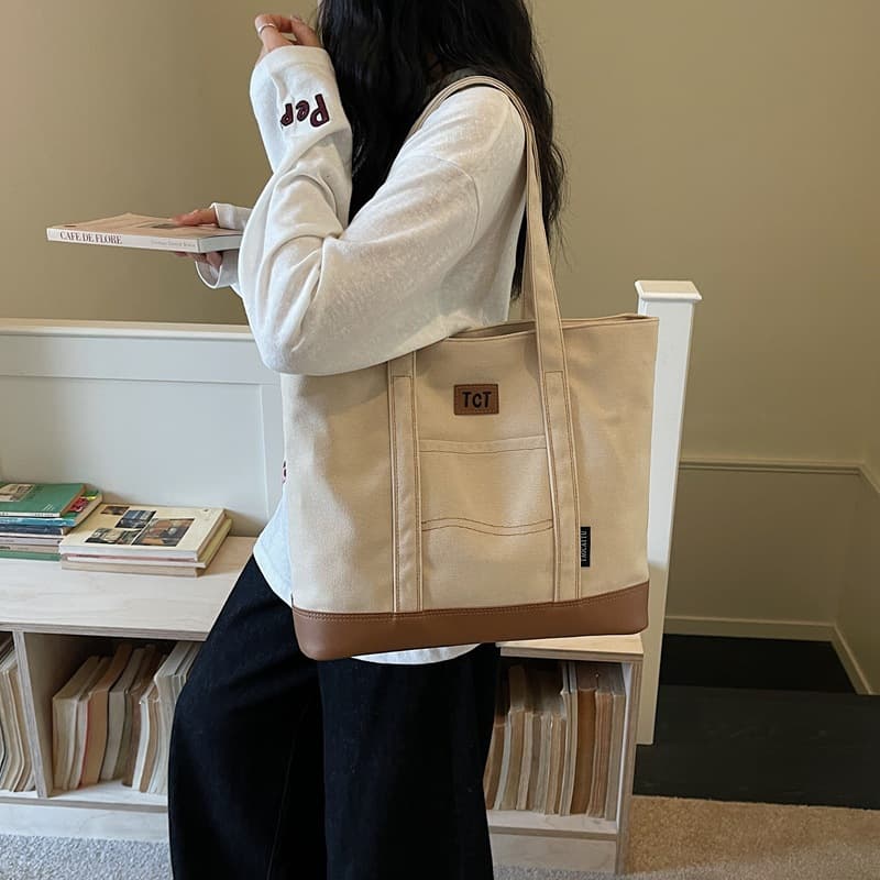 2026 Spring New White Canvas Bag Women's Bag Denim Tote Bag Korean Style Simple Large Capacity Shoulder Bag Cross-Border