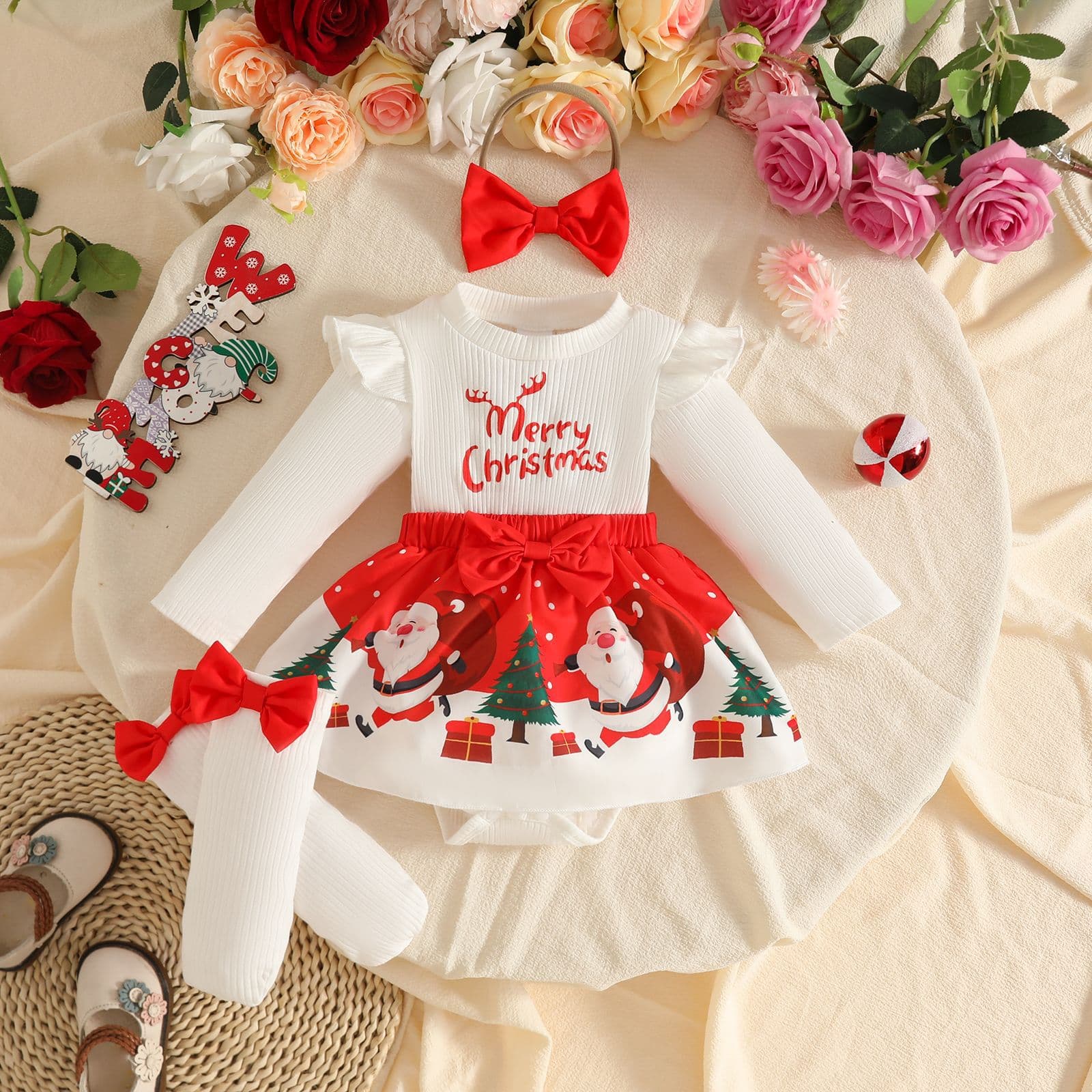 New baby Christmas long-sleeved triangle blouse patchwork skirt hair band socks four-piece pine tree Christmas gift picture