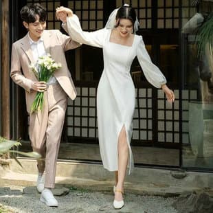 Wholesale Petite Square Neck Slimming White Dress for Marriage Registration Certificate Satin French Light Wedding Dress Engagement Dress