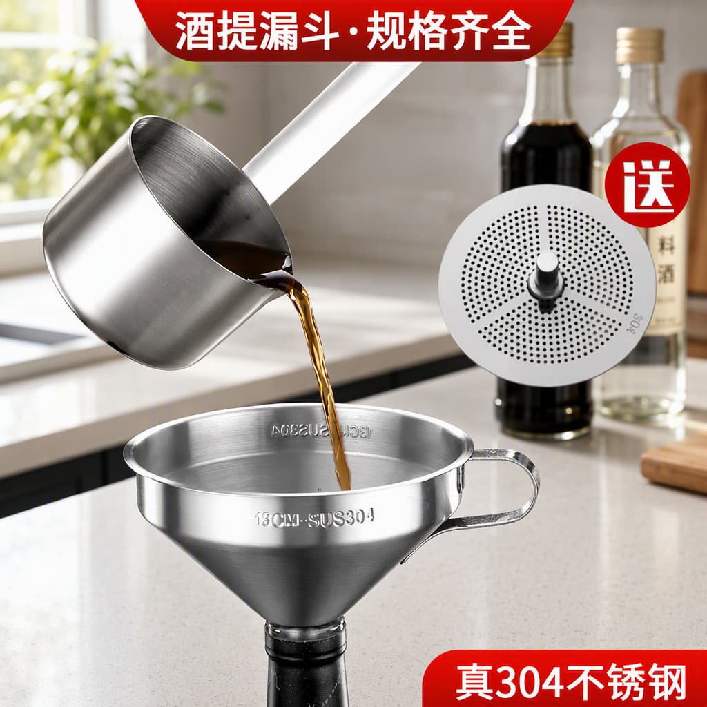 Hongjunda 304 Stainless Steel Wine Ladle Funnel Multi-Size Soy Sauce Measuring Spoon with Hook Wine Dipper Oil Funnel Wine Spoon