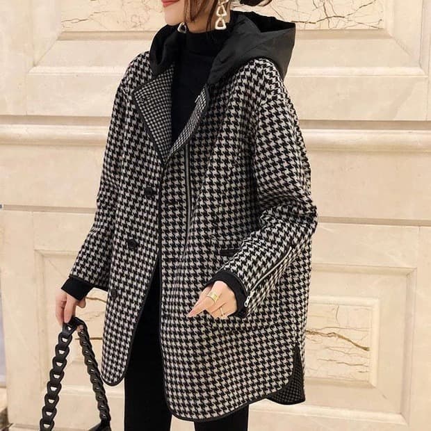 Women's Autumn Winter Plaid Loose Fit Coat with Hood Polyester Fiber Slimming Large Coat Mid-Length Fashionable Outerwear