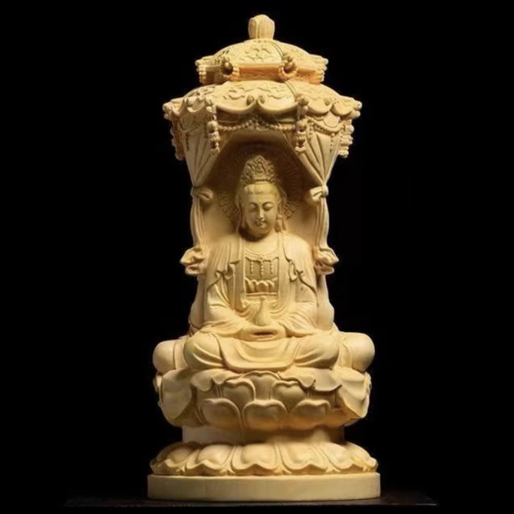 Taihang Cypress Three Saints Tower Ornament, Western Three Saints Guanyin Bodhisattva, Chinese-style Wood Carving for Home, Smooth Sailing and Blessings of Safety