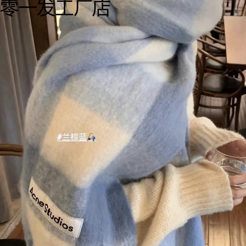 Autumn/Winter New Thickened Warm Rainbow Plaid Scarf with European/American Loop Yarn and Chunky Tassel Color-block Shawl