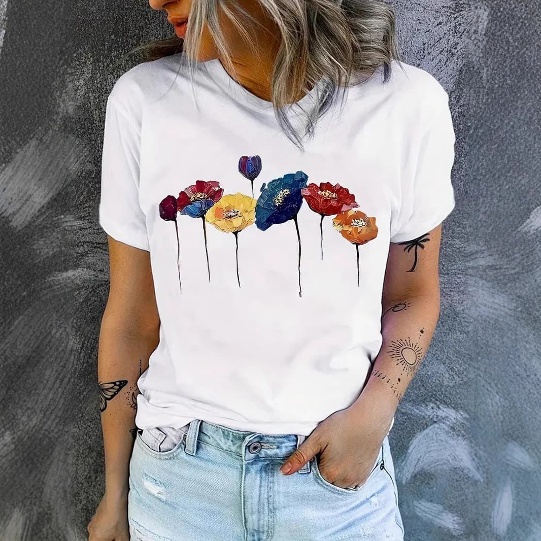 Explosive Spring Summer Europe and US New Top Women's Summer Round Neck Short Sleeve T-Shirt Cross-Border Source Factory