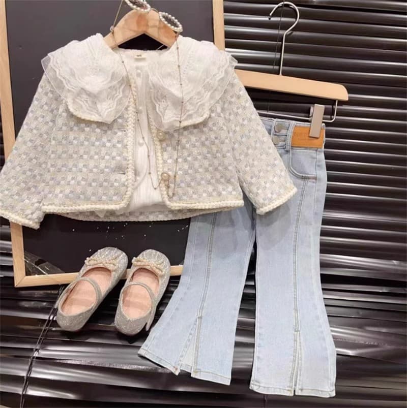 Korean Style Chic 2025 Girls Tweed Jacket White Shirt Flared Jeans 3-Piece Set Spring Autumn New Outfit