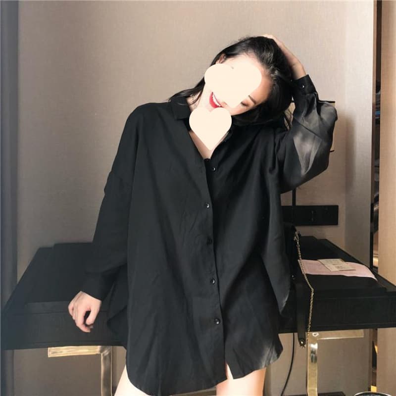 Spring New Retro Loose V-Neck Long-Sleeve Shirt for Women, Black Minimalist Style Versatile Blouse