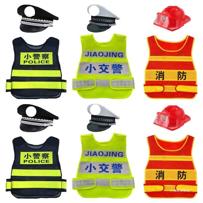Kids Police Costume Kindergarten Role Play Little Traffic Police Reflective Vest Boys Girls Police Officer Firefighter Performance Outfit