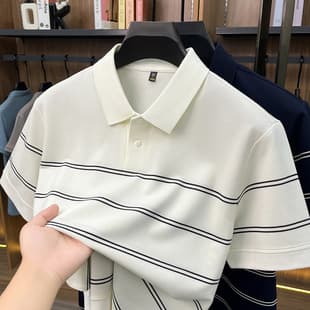Men's Striped Polo Shirt Short Sleeve T-Shirt 2026 Summer New Style Middle-aged Turn-down Collar Top Versatile T-Shirt