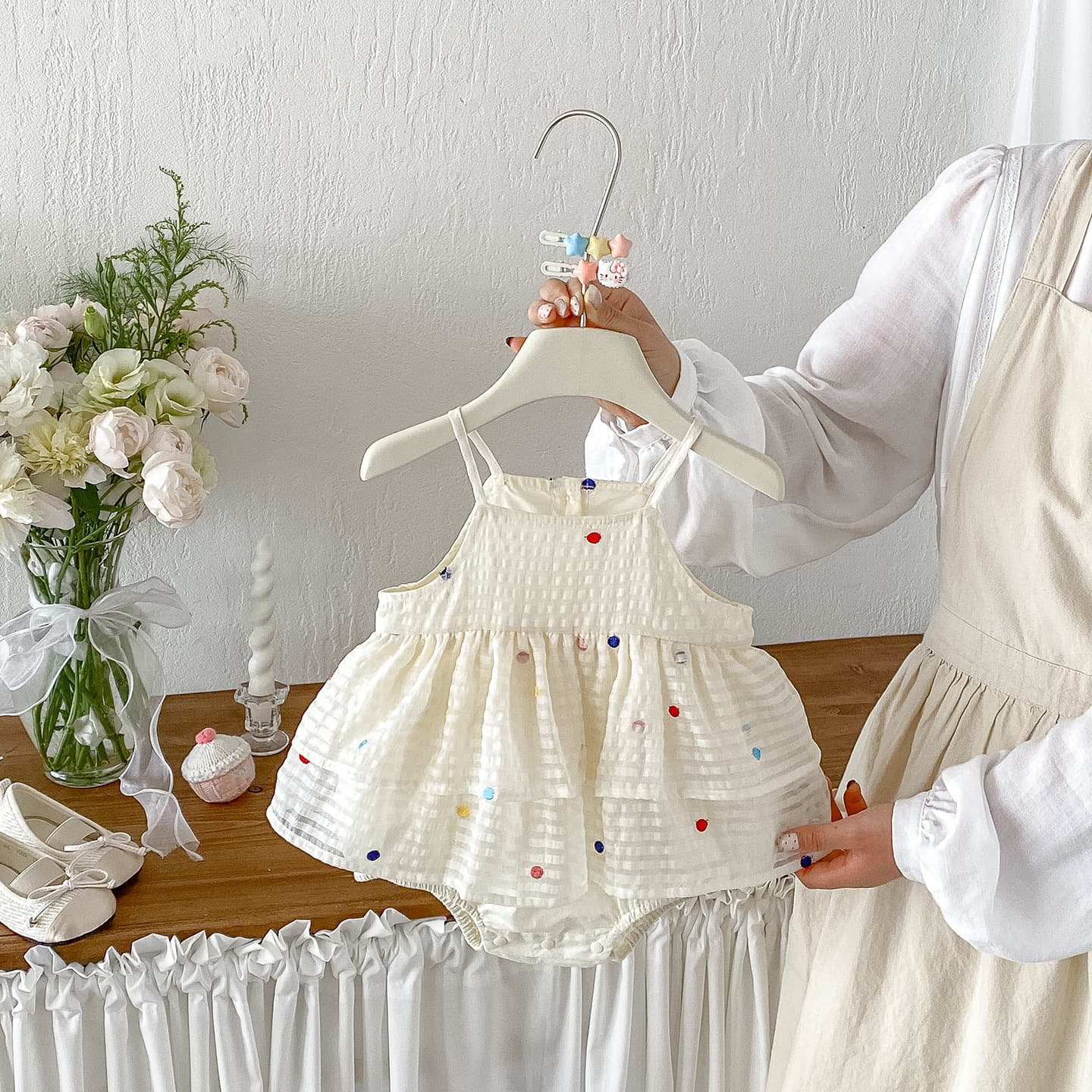Dianxi's new summer style sweet splicing polka-dot sling for baby girl breathable splicing one-piece triangle crawler for infants and young children