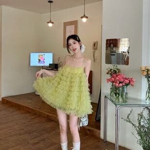 Vacation Style Mesh Panel Camisole Dress for Women 2025 Spring Summer New Fashionable Slimming Unique Layered Mini Dress