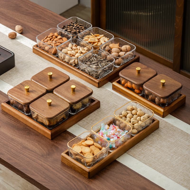 Light luxury walnut fruit plate snack plate home divided creative dried fruit plate snack sugar glass bowl fruit plate