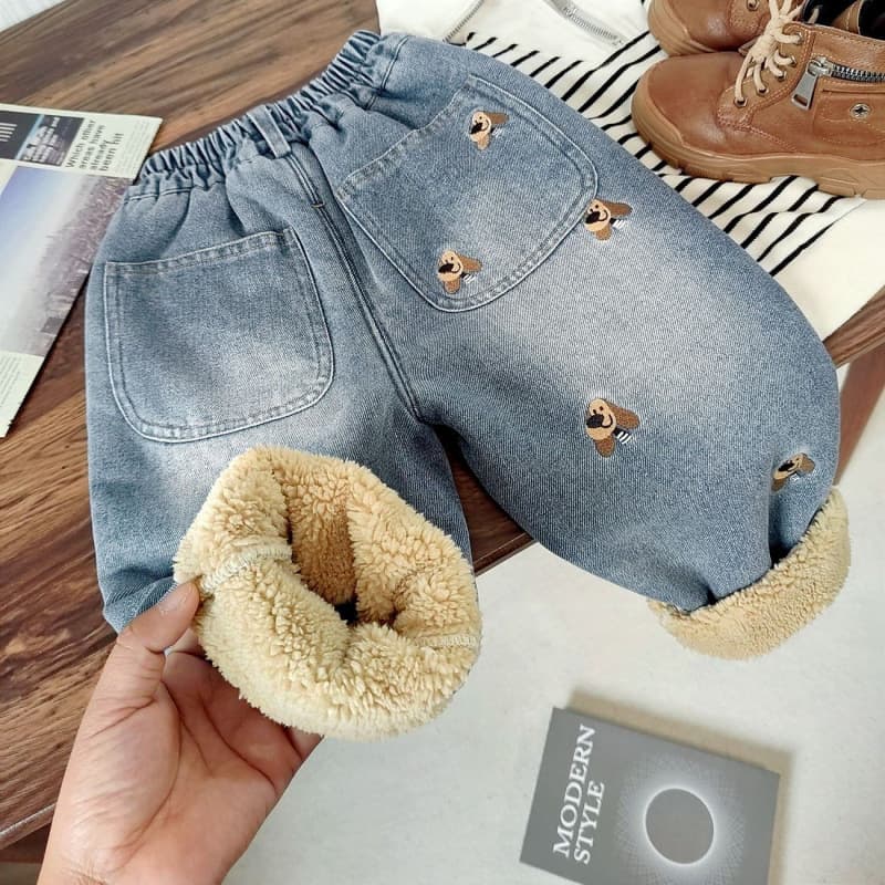 Children's velvet jeans, popular winter style for men and women, cute cartoon embroidered warm casual pants, children's trousers