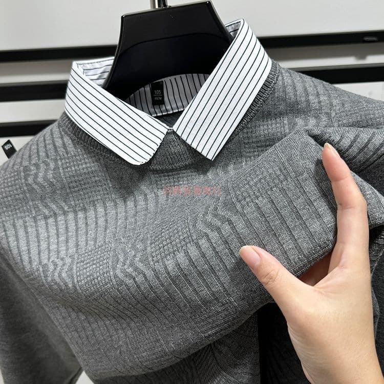 High-end shirt collar faux two-piece sweater for men, autumn and winter, fleece-lined and thickened knitted base layer, men's solid color inner layer.