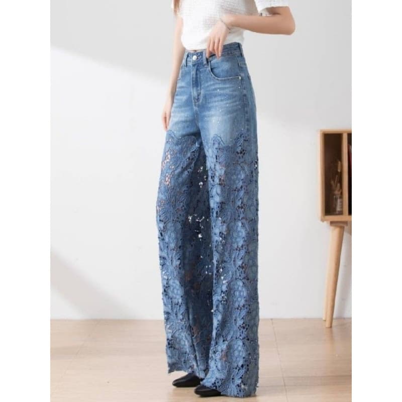 High-Waist Wide-Leg Pants for Women 2026 Spring/Summer Fashionable Versatile Hollow Lace Patchwork Denim Flowing Trousers