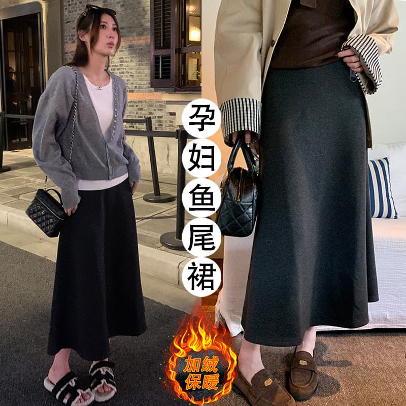 2025 New Style Maternity Non-Maternity Band Half Skirt, Autumn/Winter Fleece-Lined Thickened Glutinous Rice Velvet Mermaid Long Skirt, Half Skirt Mid-Length