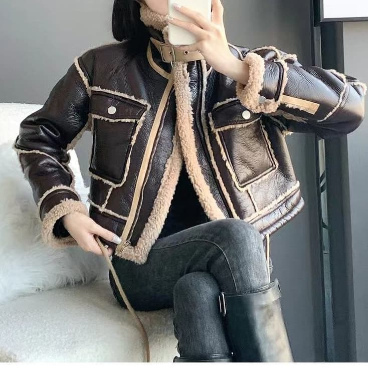 Women's Faux Fur and Shearling Motorcycle Jacket, Thick Short Coat with Lamb Wool Lining for Winter