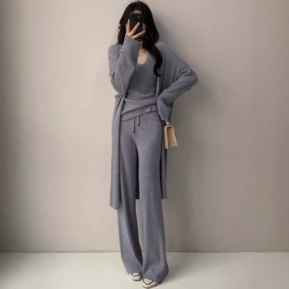Korean Paper-Thin Knit Vest + Wide-Leg Long Pants + Long Cardigan Three-Piece Set for Women