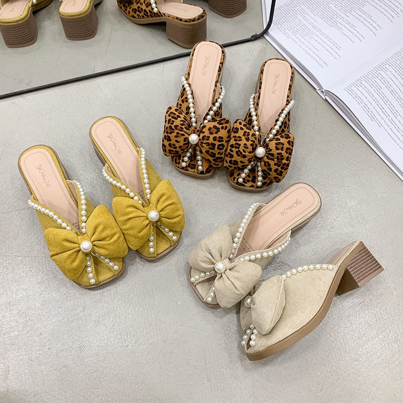 New French Fashion Flat Chunky Heel Bow Pearl Square Toe Closed-Toe Mule Slippers for Plus Size Women