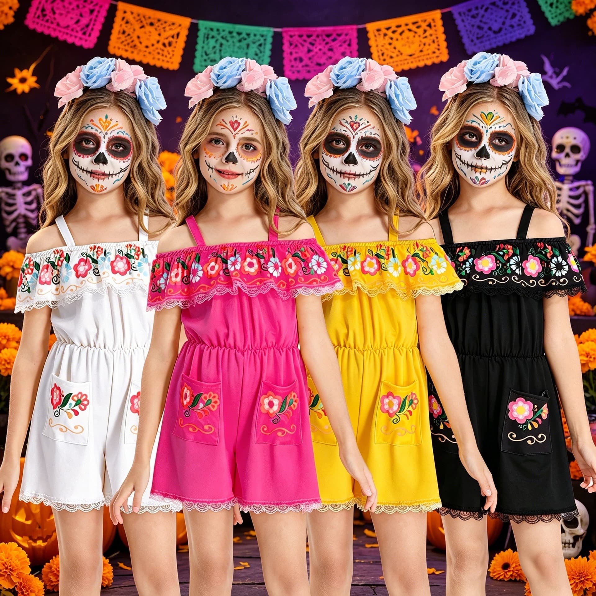 Halloween Kids Costume Mexican Traditional Ethnic Outfit Jumpsuit + Head Flower Day of the Dead Performance Costume