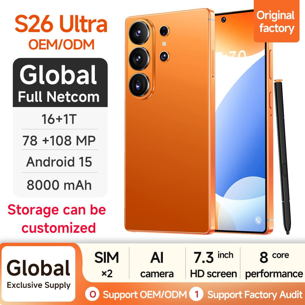 In Stock Cross-Border 5G Full-Network Smartphone S26 with Built-in Stylus, Android 16+512/1T, Export Factory Wholesale