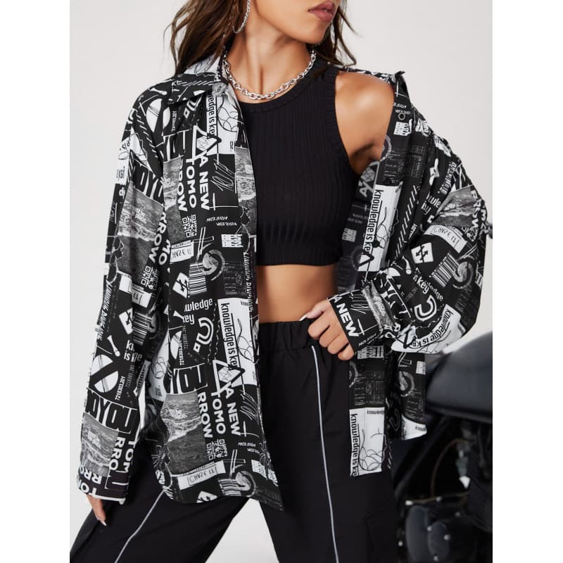 2025 New Women's Pop Art Digital Print Drop Shoulder Long Sleeve Shirt Casual Loose Fit Fashion