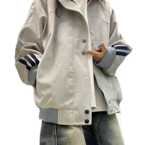 2026 New Gray Short Jacket Men's Spring American Spliced Stand Collar Bomber Jacket High Street Baseball Uniform