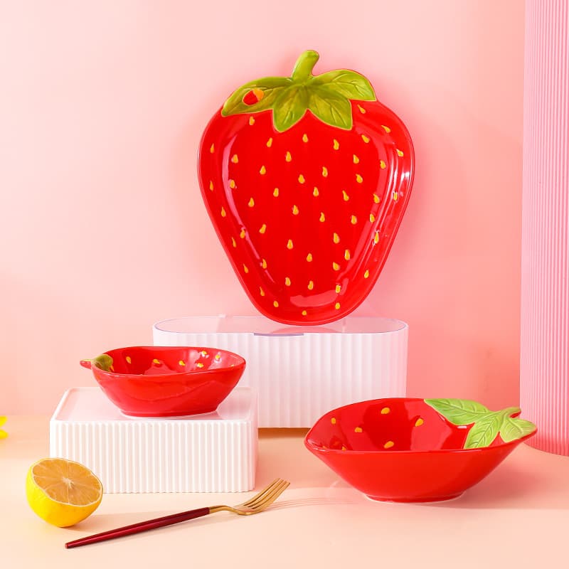 Creative Ceramic Strawberry Bowls, Plates, Tableware, Cute Cartoon Dessert Salad Bowls, Snack Plates, Fruit Plates, High-Gloss