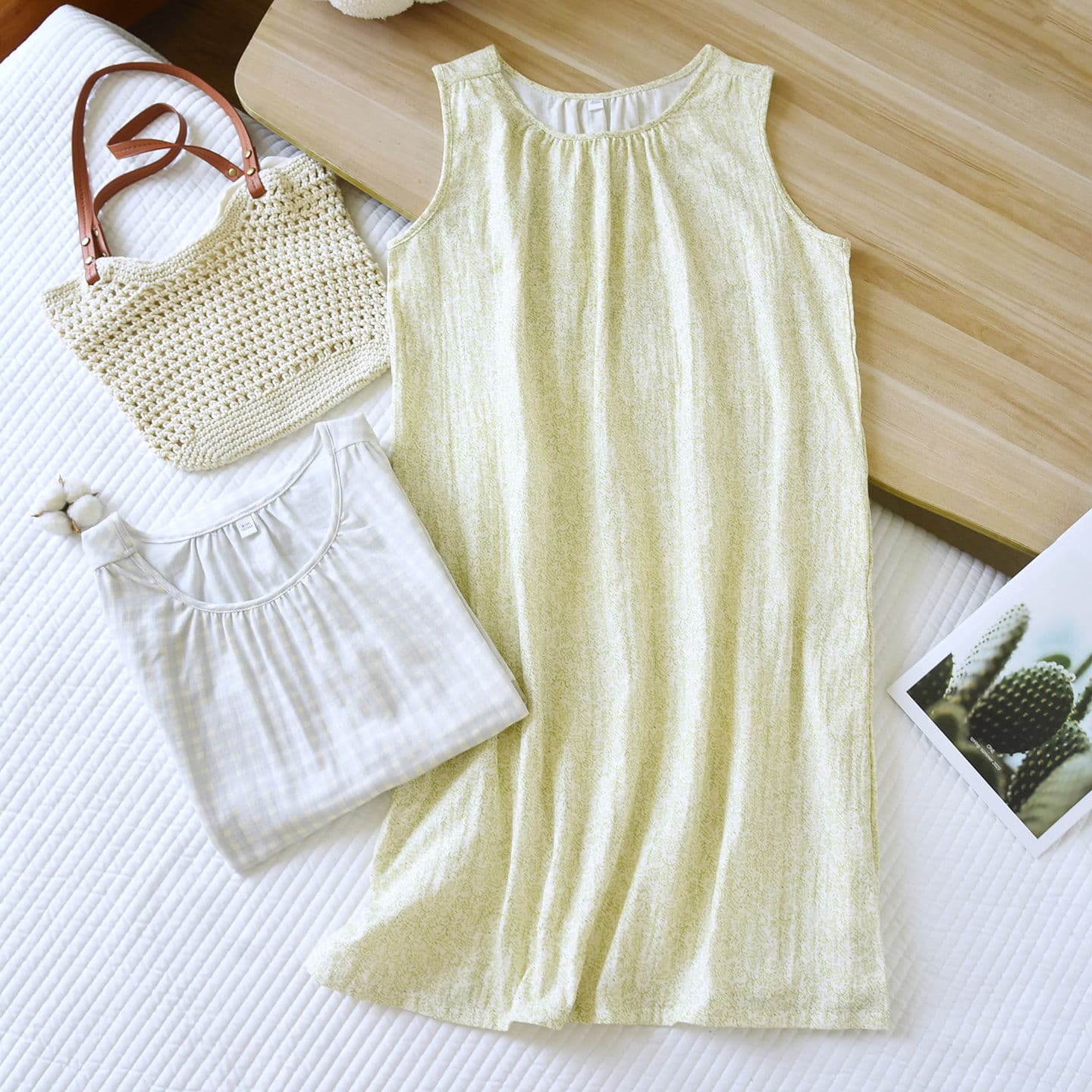 Women's Summer New Cotton Gauze Sleep Dress, Round Neck, Sleeveless, Lightweight Cotton Pajama Dress