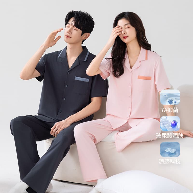 Bamboo Cotton Couple Short Sleeve Long Pants Pajamas Men Women Cardigan Homewear Knitted Cotton Pajama Set Factory Source