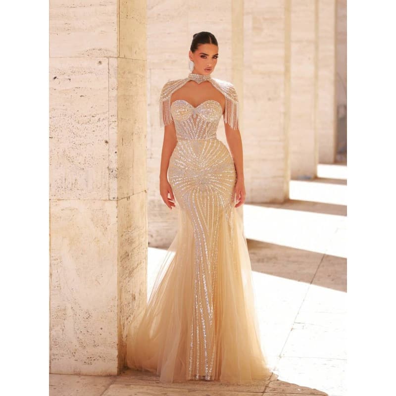 2025 Wholesale Drop Shipping Women Party Wear Pearl Sequin Contrast Mesh Fishtail Dress
