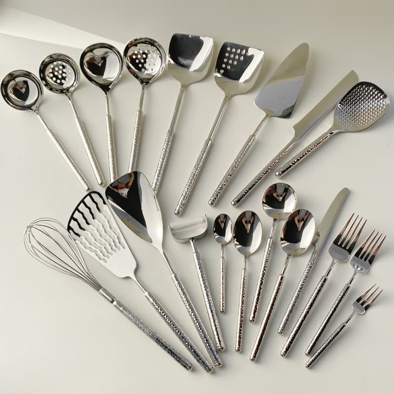 304 Stainless Steel Round Drill Household Kitchen Utensil Set, Complete Set of Cooking Tools, Cooking Spatula, Frying Spatula, Rice Spoon, Peeler