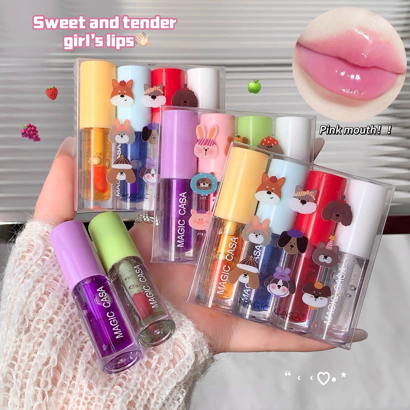 MAGIC CASA Cross-Border Foreign Trade 4-Piece Set Fruit Lip Oil Lip Balm Lip Plumper Moisturizing Primer Lip Gloss