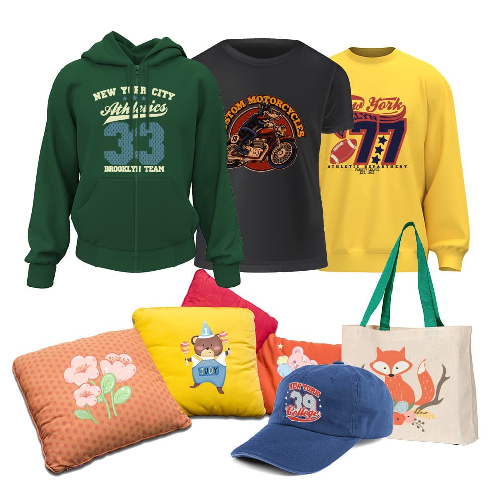 Digital direct-to-garment printing (DTG) on garment pieces, DTF printing, and logo printing processing.