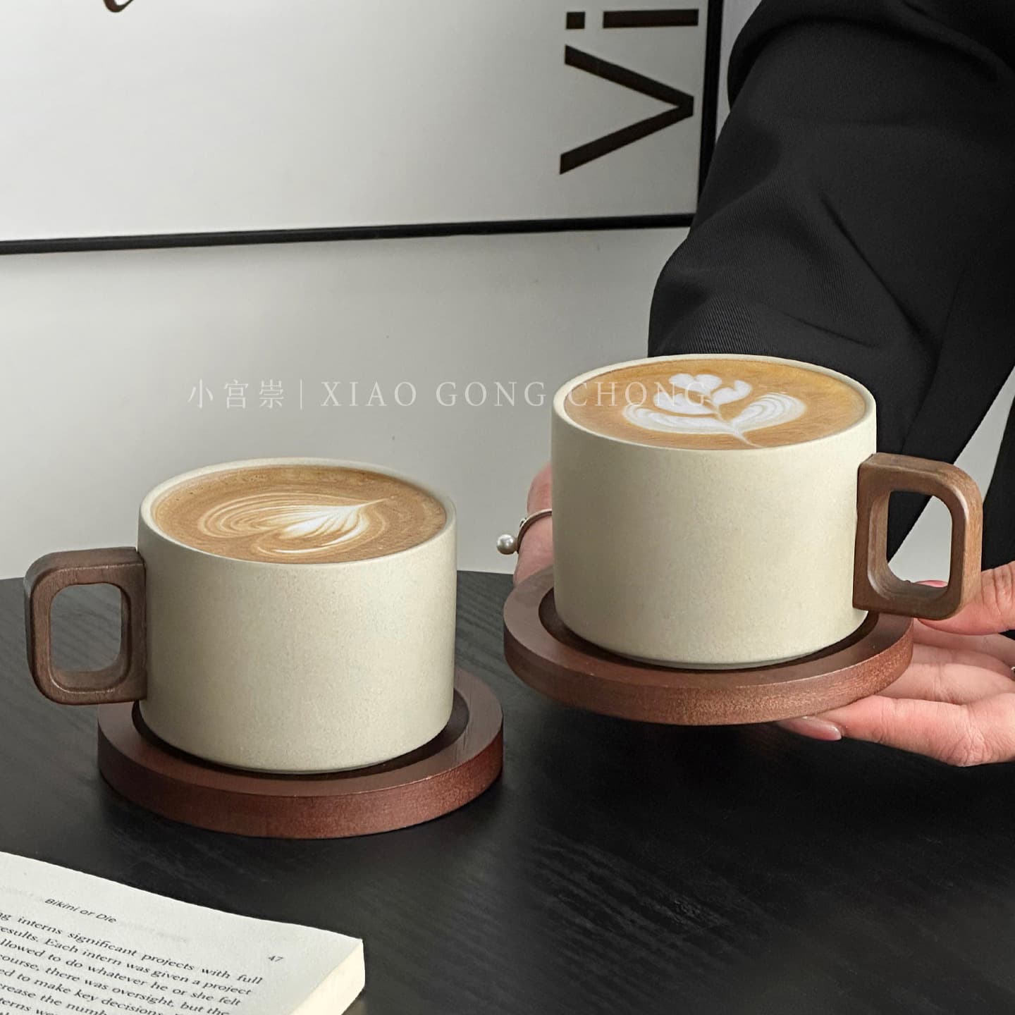 Rustic Ceramic Coffee Mug Simple Mug Coffee Cup Set Wooden Coaster Ceramic Water Cup Cup Exquisite Latte Art Cup