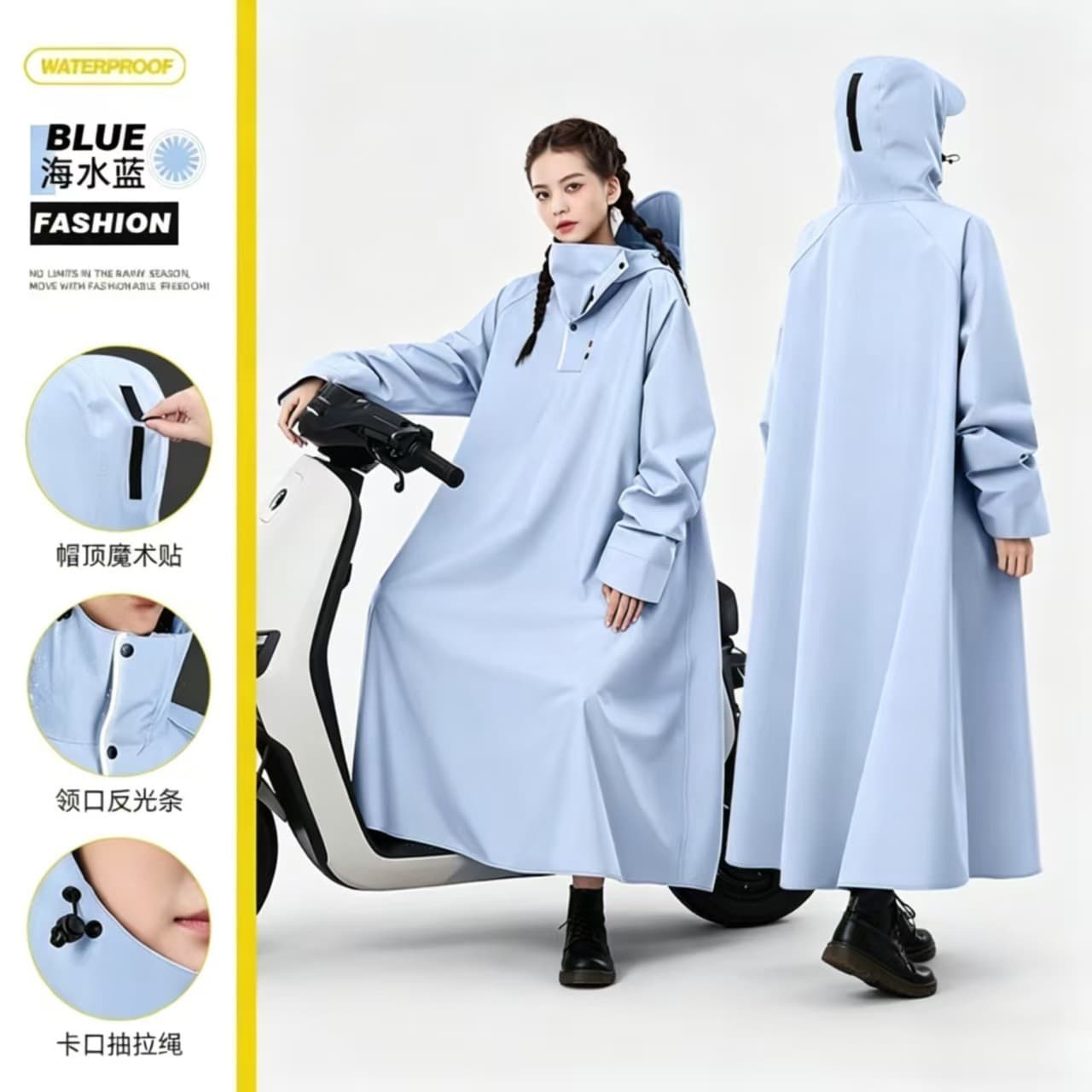 Long Rain Poncho for Electric Scooter Motorcycle Rider, Adult Unisex Full Body Raincoat, Heavy Rain Protection, Waterproof Rain Cape
