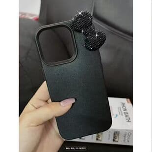Cute Black Rhinestone Butterfly Bow Full Coverage Pebbled Leather Case for Apple iPhone 17 Pro Max, Women's Style