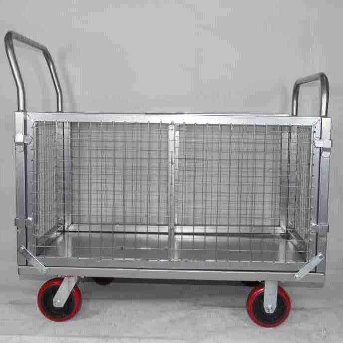 Warehouse Goods Transport Hand Truck Mesh Cart with Fence Express Trolley Logistics Transfer Cart Quiet Four-Wheel Flatbed Cart