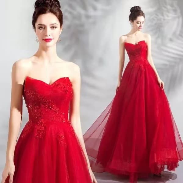 Red Strapless Evening Gown French Tulle Puffy Dress for Performance, Host, Slimming Elegant Formal Dress