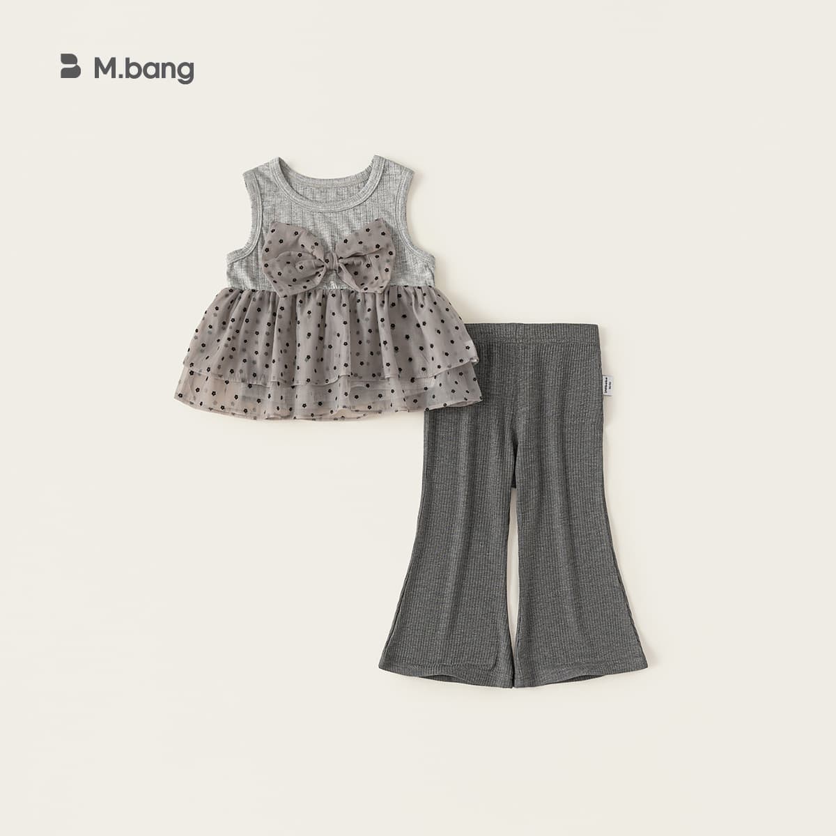 Bangxuan children's clothing, girls' summer clothes, children's suits, spliced mesh polka-dot vests, bell bottoms, children's two-piece set