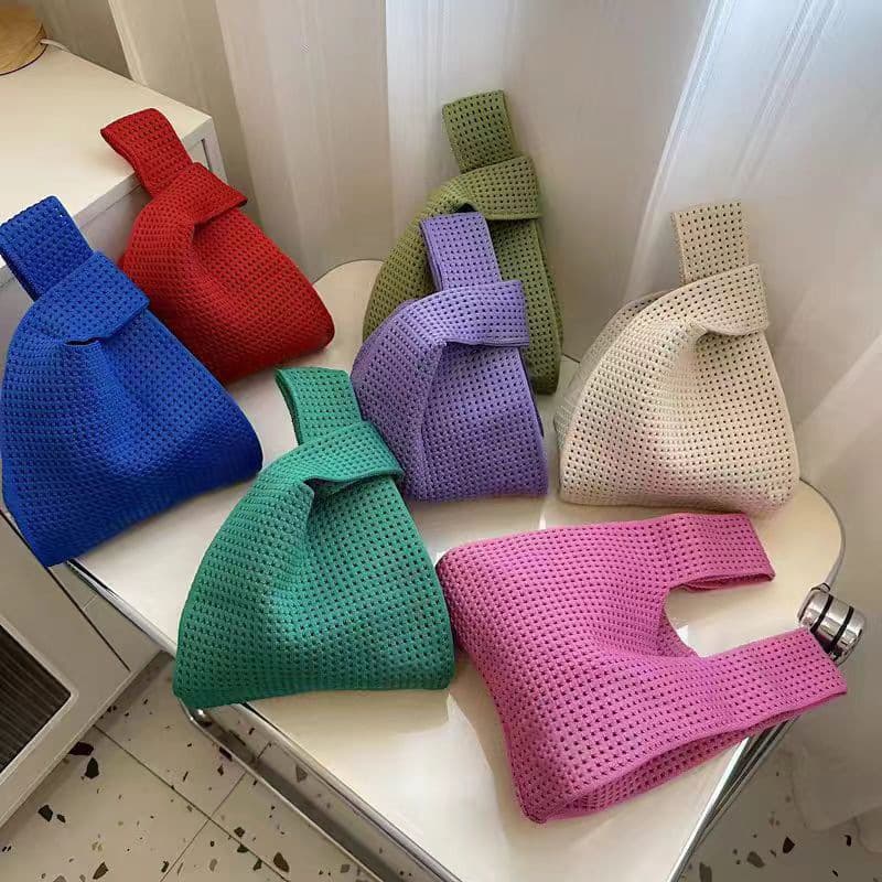 Korean-style hollow knitted bag, niche personality tote bag, bucket bag with open-top design, trendy women's bag, versatile