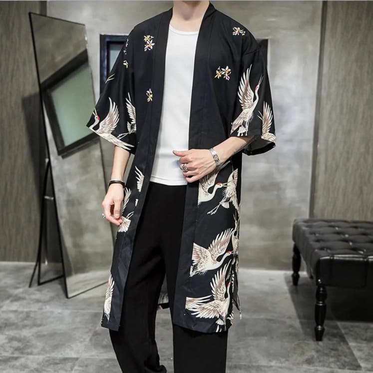 Haori Kimono Cardigan Japanese Style Spring Summer Crane Digital Print Slit Medium Thin Jacket Sun Protection Outerwear