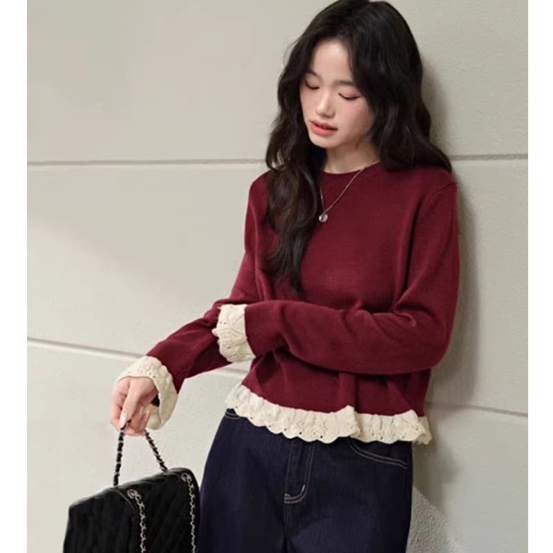Red fake two-piece sweater for women autumn new hollow lace sweater bottoming top autumn and winter