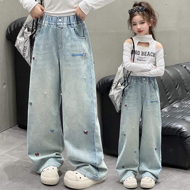Girls' Jeans Spring/Fall 2025 New Trendy Wide-Leg Pants for Kids, Pearl Straight-Leg Trousers