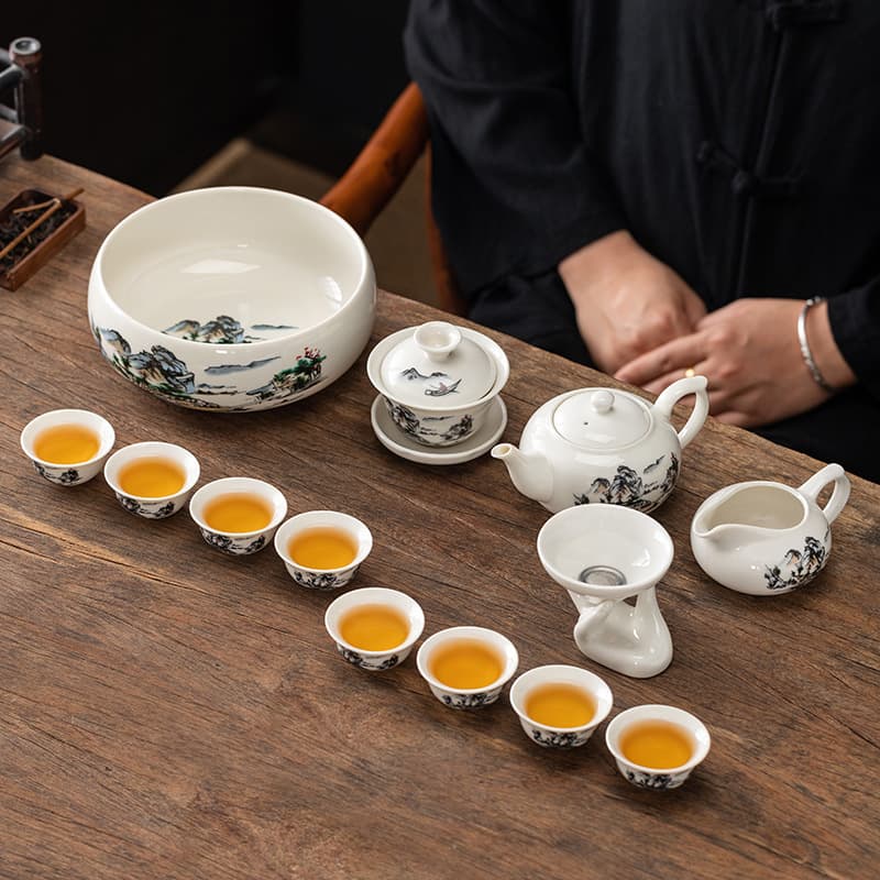 Xingyi covered bowl teacup tea bowl tea set tea cup ceramic three-talent bowl mutton fat jade blue and white porcelain with lid white porcelain set