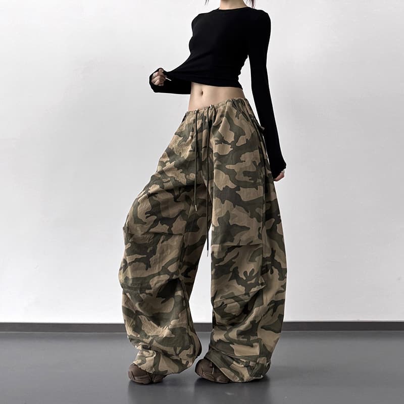 American Retro Camo Cargo Pants for Women 2025 Summer New High Waist Loose Tall Wide Leg Casual Long Pants