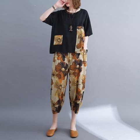 Plus Size Women's Summer Two-Piece Set, Loose Fashionable High-End Chanel Style, Age-Defying Short Sleeve with Wide-Leg Pants, Trendy Women's Outfit
