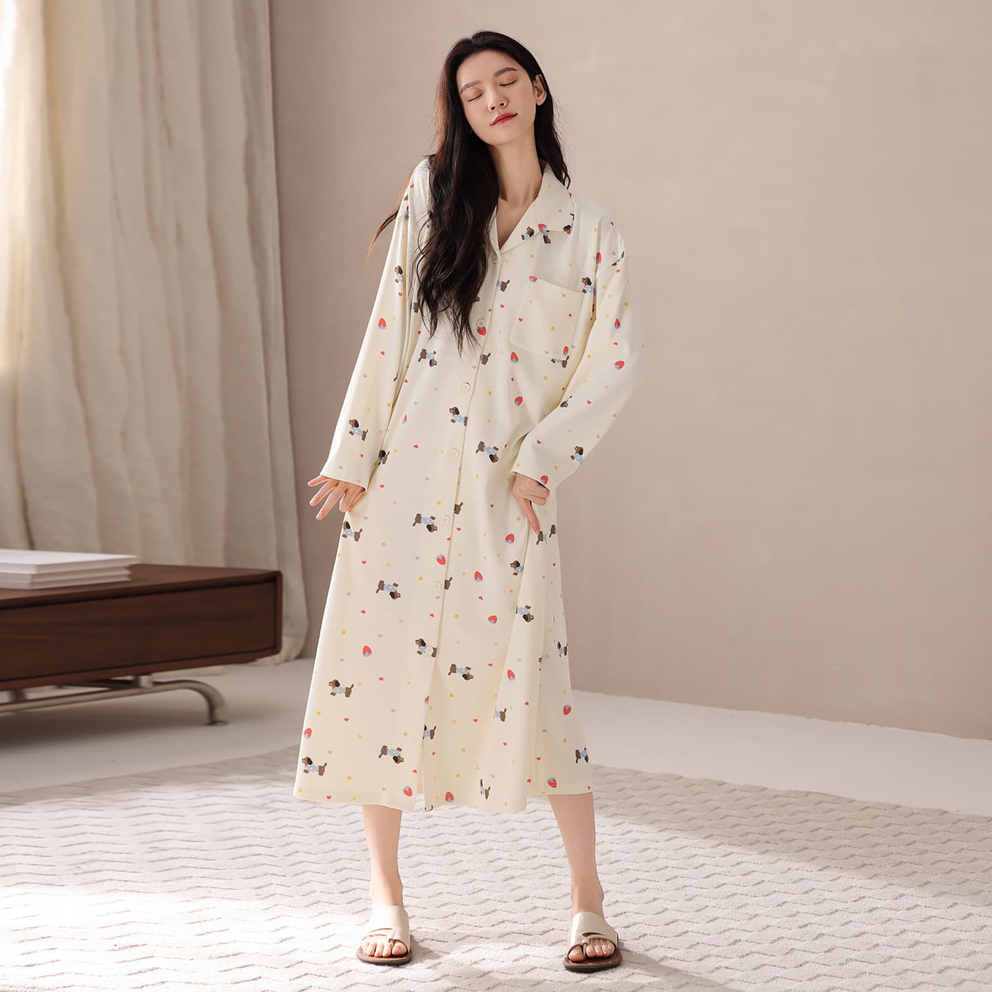 Lycra Cotton Floral Long Sleeve Nightgown Women Autumn Turn-down Collar Cardigan Long Dress Wear Out Plus Size Casual
