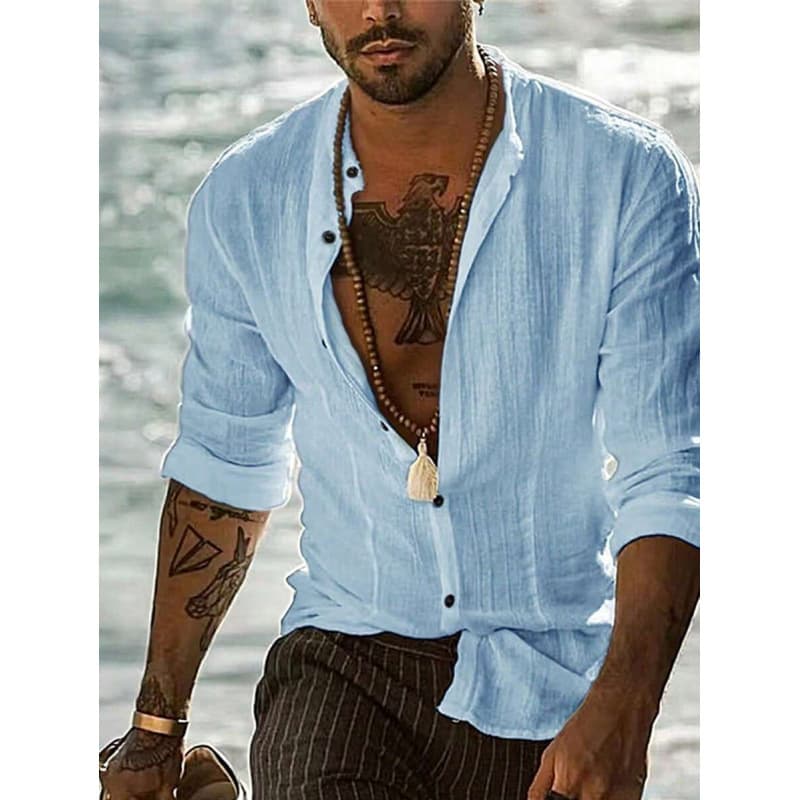 U 64965 Solid Henry Collar Men's Shirt