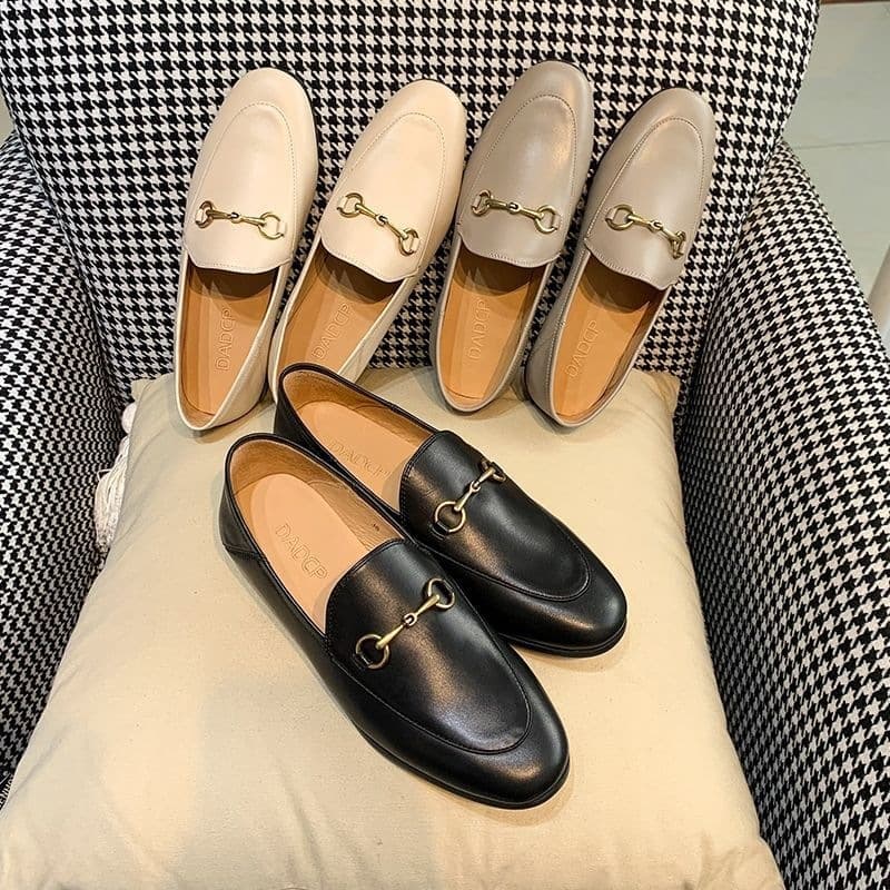 2026 New Spring Women's Shoes Black Genuine Leather Horsebit Loafers Versatile Leather Shoes Slip-on Flat Shoes